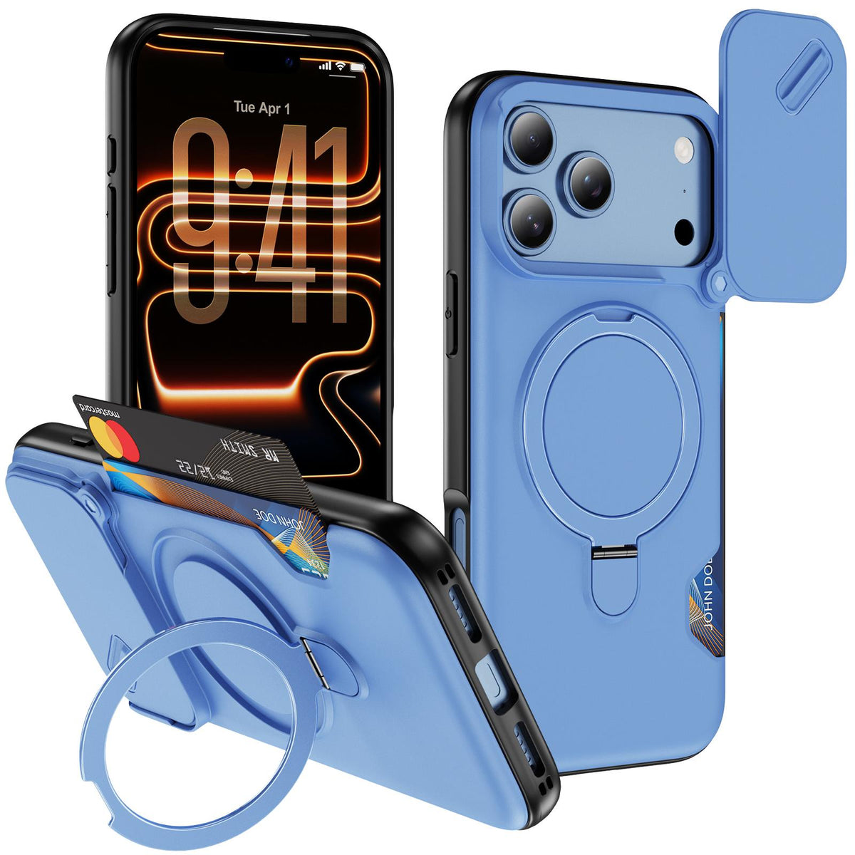 For iPhone 18 Pro Max Sliding Camshield Card Slot Magnetic Rotation Holder Phone Case - Light Blue - EDA010205702D
