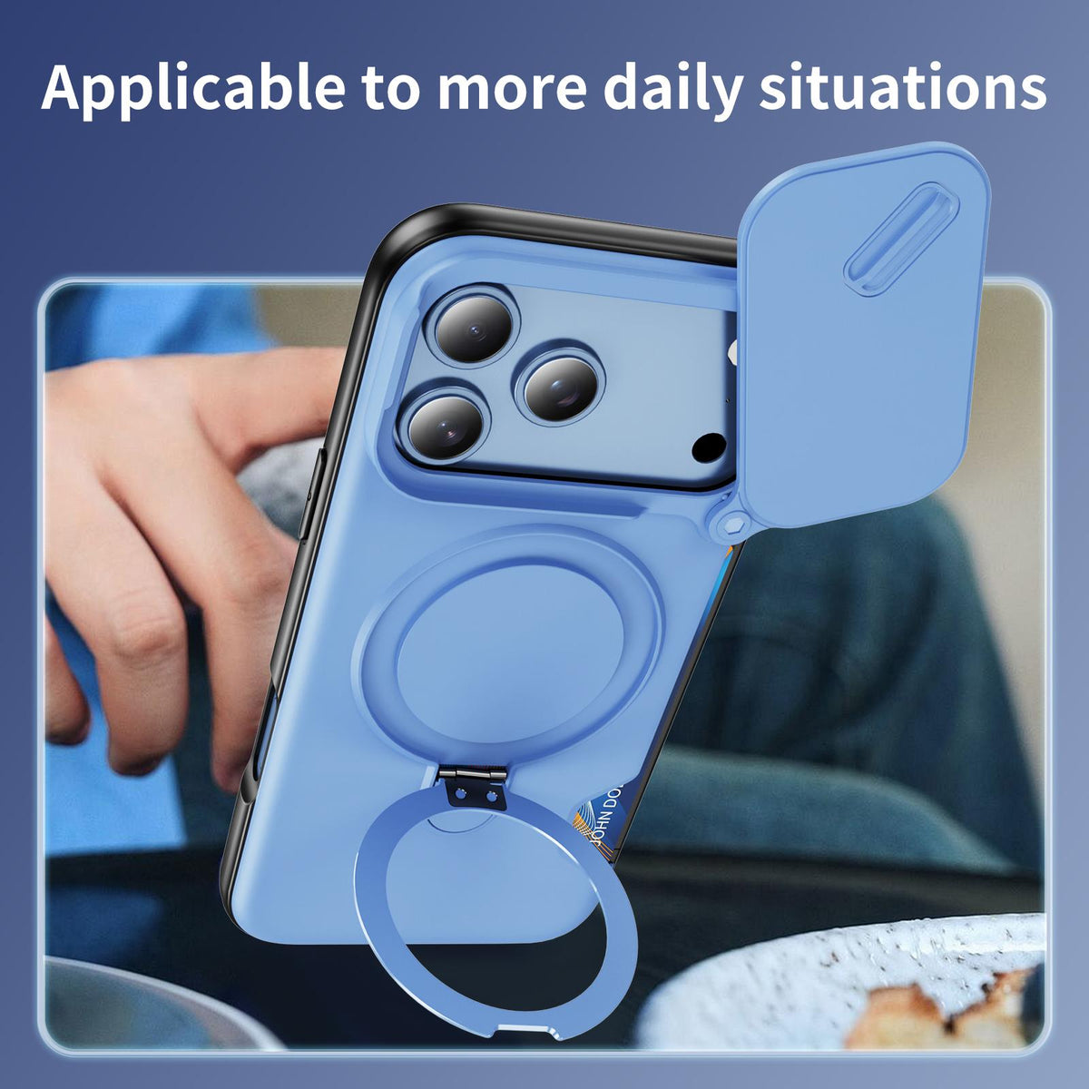 For iPhone 18 Pro Max Sliding Camshield Card Slot Magnetic Rotation Holder Phone Case - Light Blue - EDA010205702D