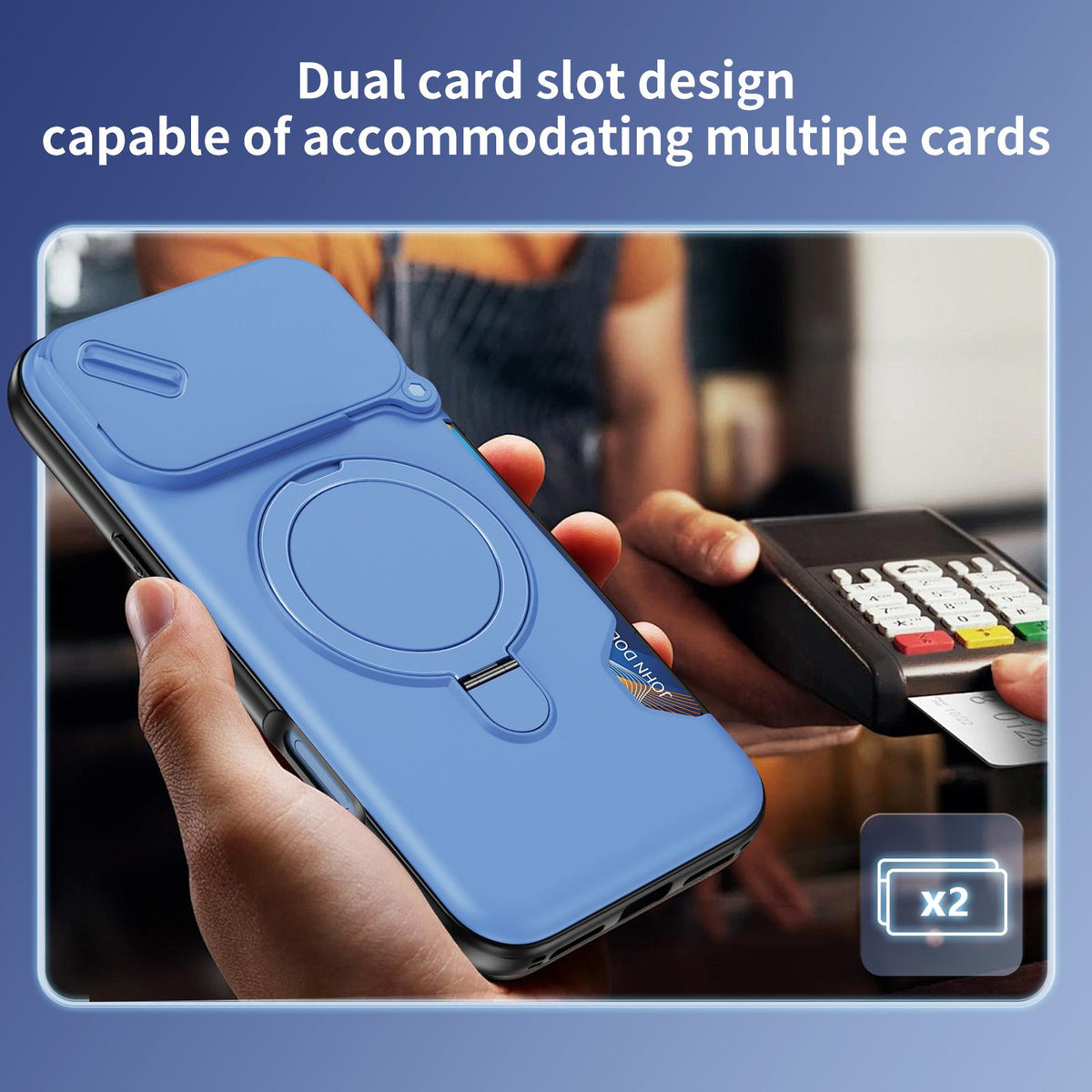 For iPhone 18 Pro Max Sliding Camshield Card Slot Magnetic Rotation Holder Phone Case - Light Blue - EDA010205702D