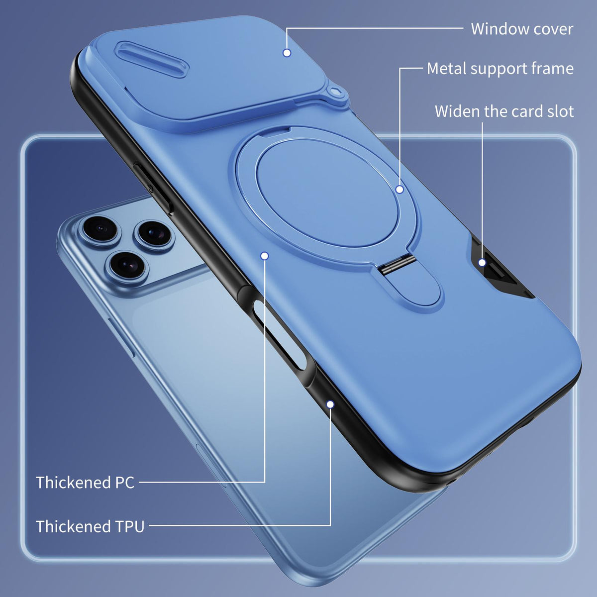 For iPhone 18 Pro Max Sliding Camshield Card Slot Magnetic Rotation Holder Phone Case - Light Blue - EDA010205702D