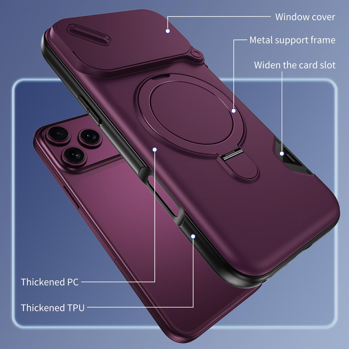 For iPhone 18 Pro Max Sliding Camshield Card Slot Magnetic Rotation Holder Phone Case - Dark Cherry - EDA010205702F