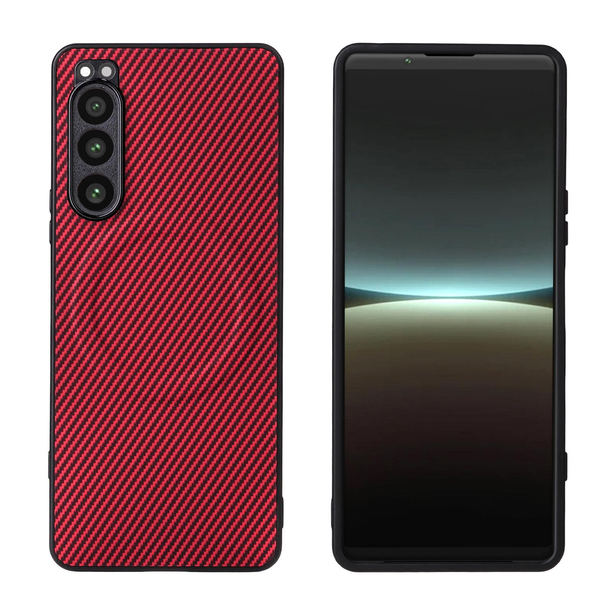 For Sony Xperia 5 IV Precise Cutout Carbon Fiber Texture Vegan Leather Phone Case - Red - EDA010206105B