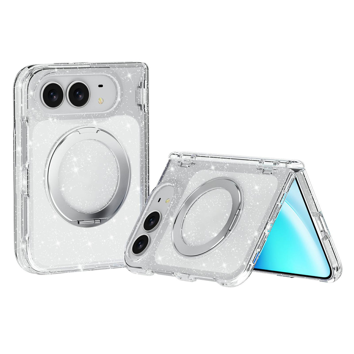 For iPhone Duo Terminator Style Glitter Powder Magnetic Holder Phone Case - White - EDA010209101A