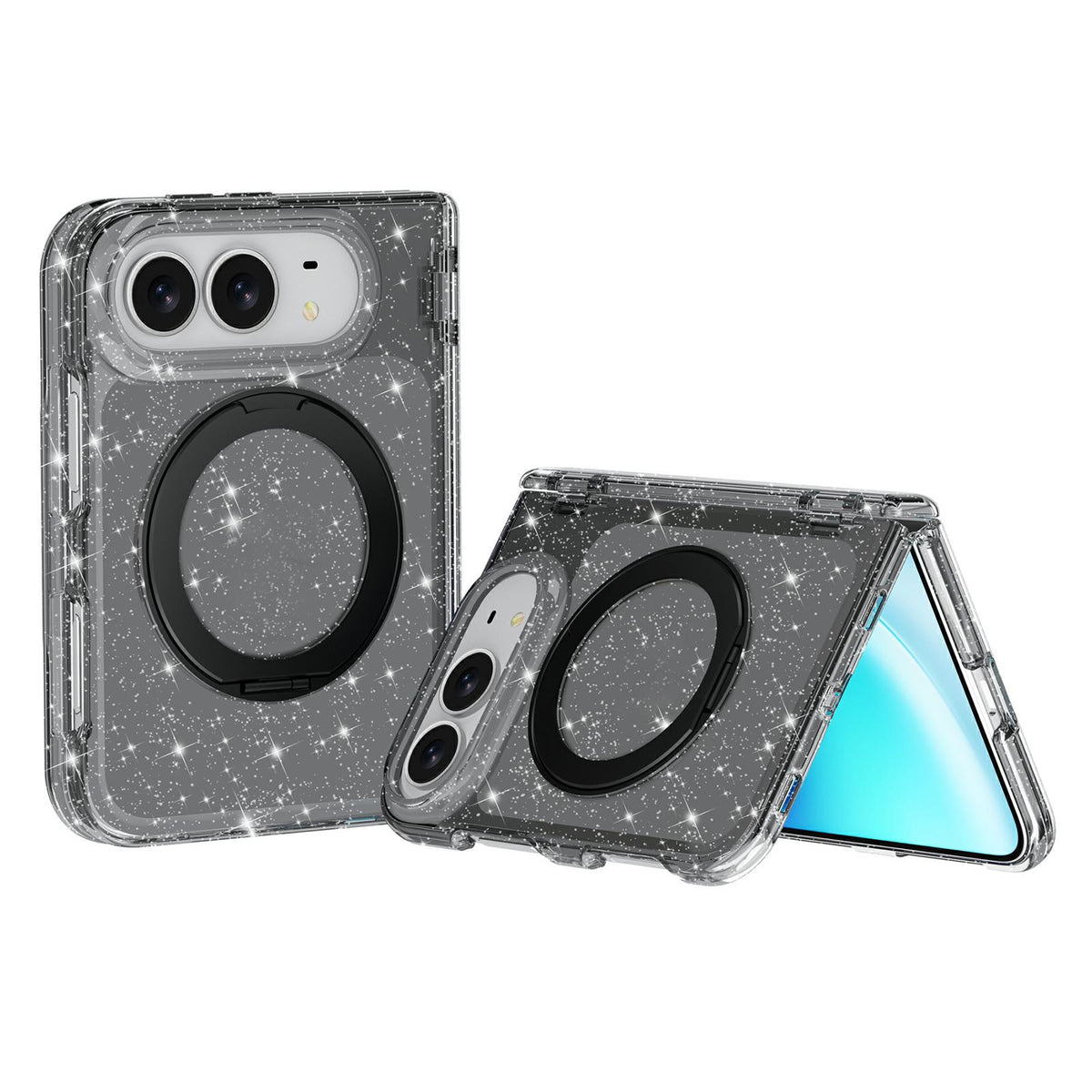 For iPhone Duo Terminator Style Glitter Powder Magnetic Holder Phone Case - Black - EDA010209101B