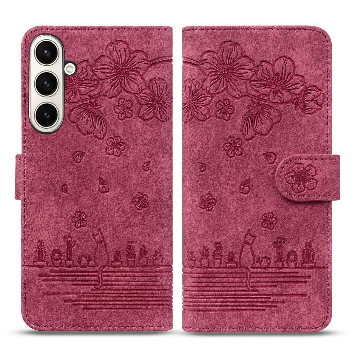 For Galaxy Z Fold8 Ultra 5G Cartoon Sakura Cat Embossed Leather Phone Case - Wine Red - EDA010209503E