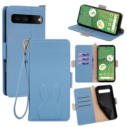 For Google Pixel 7 5G Bunny Ears Side Magnetic Clasp Vegan Leather Phone Case with Wrist Strap - Blue - EDA010209901A