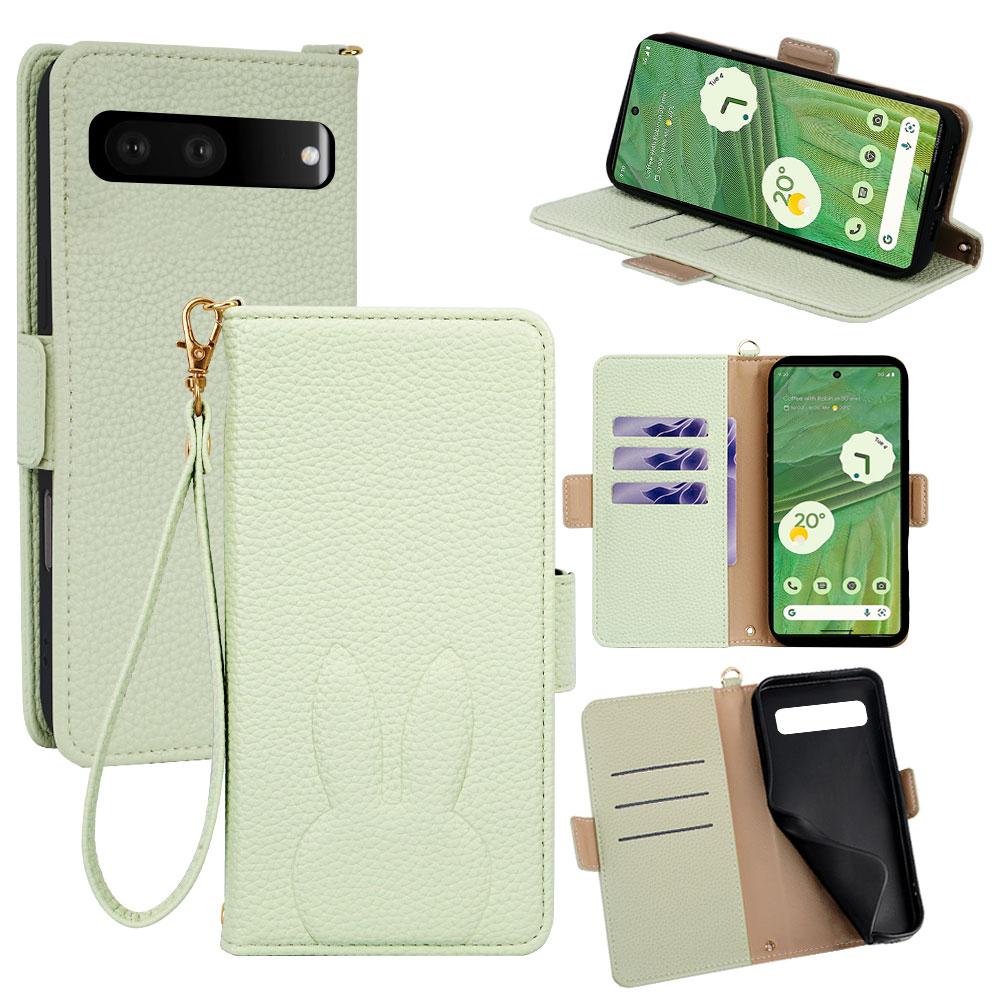 For Google Pixel 7 5G Bunny Ears Side Magnetic Clasp Vegan Leather Phone Case with Wrist Strap - Green - EDA010209901B