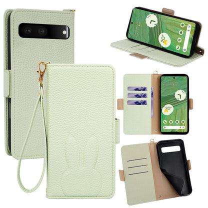 For Google Pixel 7 5G Bunny Ears Side Magnetic Clasp Vegan Leather Phone Case with Wrist Strap - Green - EDA010209901B
