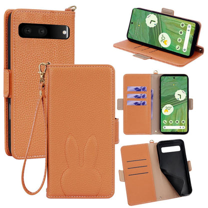 For Google Pixel 7 5G Bunny Ears Side Magnetic Clasp Vegan Leather Phone Case with Wrist Strap - Brown - EDA010209901C