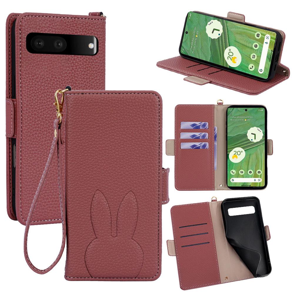 For Google Pixel 7 5G Bunny Ears Side Magnetic Clasp Vegan Leather Phone Case with Wrist Strap - Red - EDA010209901D