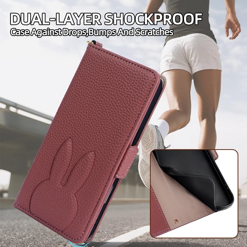 For Google Pixel 7 5G Bunny Ears Side Magnetic Clasp Vegan Leather Phone Case with Wrist Strap - Red - EDA010209901D