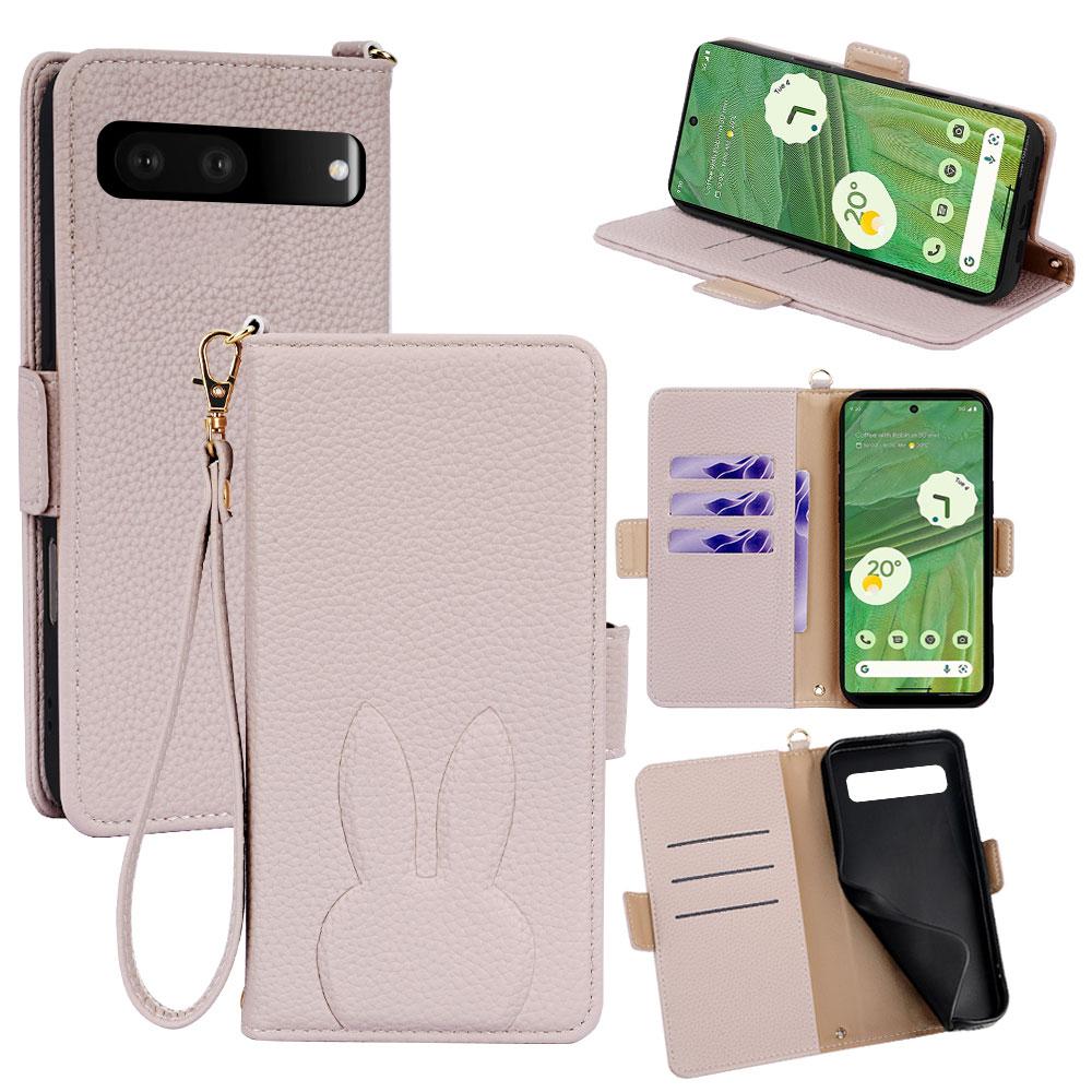 For Google Pixel 7 5G Bunny Ears Side Magnetic Clasp Vegan Leather Phone Case with Wrist Strap - Light Pink - EDA010209901E