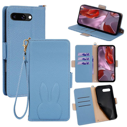 For Google Pixel 9a Bunny Ears Side Magnetic Clasp Vegan Leather Phone Case with Wrist Strap - Blue - EDA010209902A