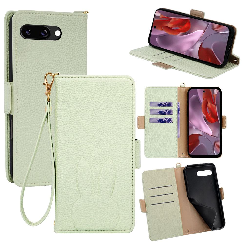 For Google Pixel 9a Bunny Ears Side Magnetic Clasp Vegan Leather Phone Case with Wrist Strap - Green - EDA010209902B