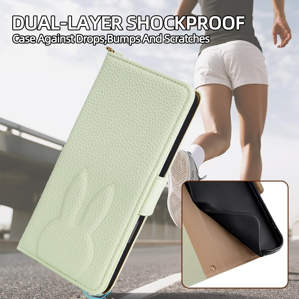 For Google Pixel 9a Bunny Ears Side Magnetic Clasp Vegan Leather Phone Case with Wrist Strap - Green - EDA010209902B