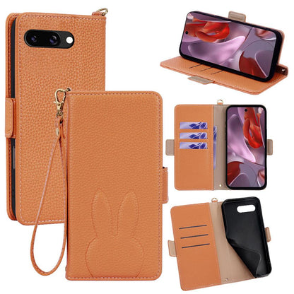 For Google Pixel 9a Bunny Ears Side Magnetic Clasp Vegan Leather Phone Case with Wrist Strap - Brown - EDA010209902C