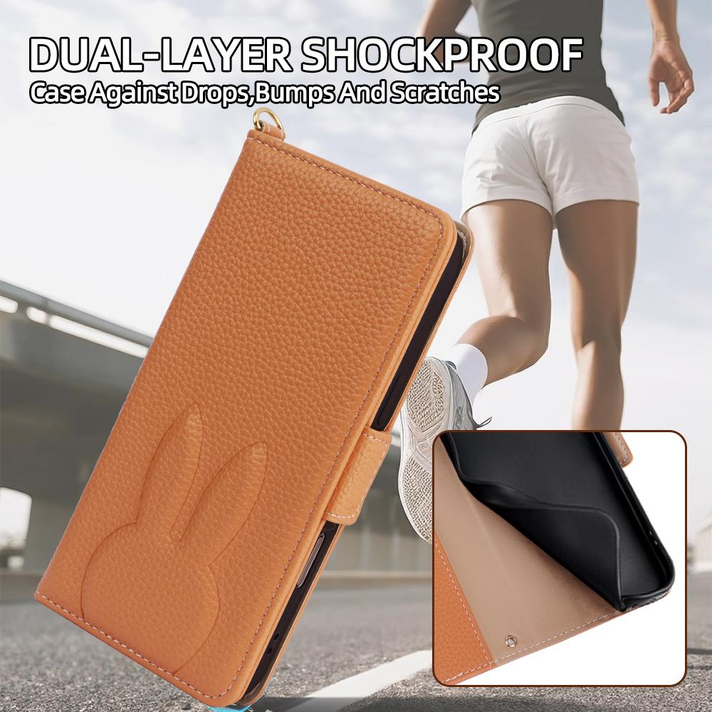 For Google Pixel 9a Bunny Ears Side Magnetic Clasp Vegan Leather Phone Case with Wrist Strap - Brown - EDA010209902C