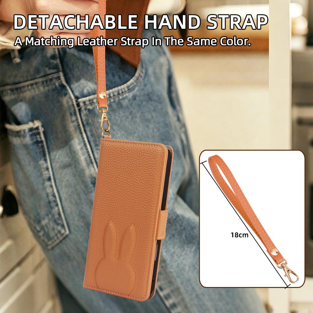 For Google Pixel 9a Bunny Ears Side Magnetic Clasp Vegan Leather Phone Case with Wrist Strap - Brown - EDA010209902C