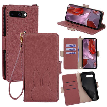 For Google Pixel 9a Bunny Ears Side Magnetic Clasp Vegan Leather Phone Case with Wrist Strap - Red - EDA010209902D
