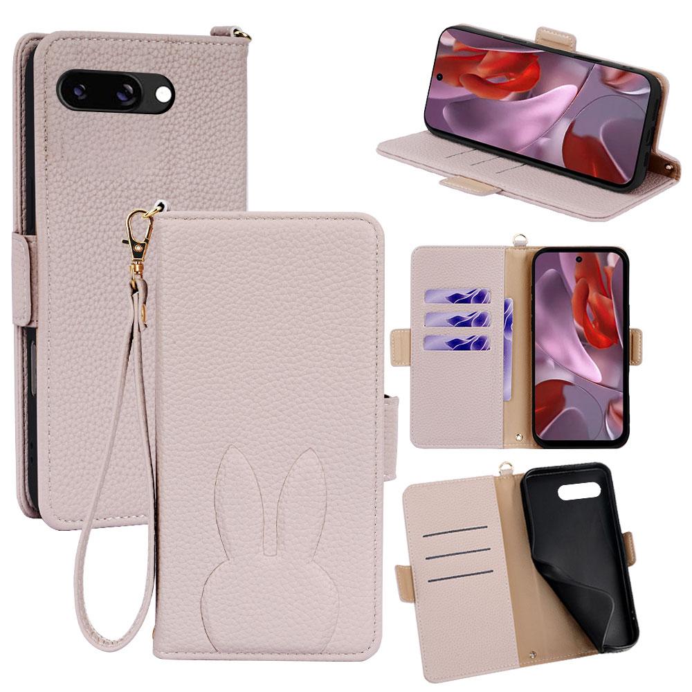 For Google Pixel 9a Bunny Ears Side Magnetic Clasp Vegan Leather Phone Case with Wrist Strap - Light Pink - EDA010209902E