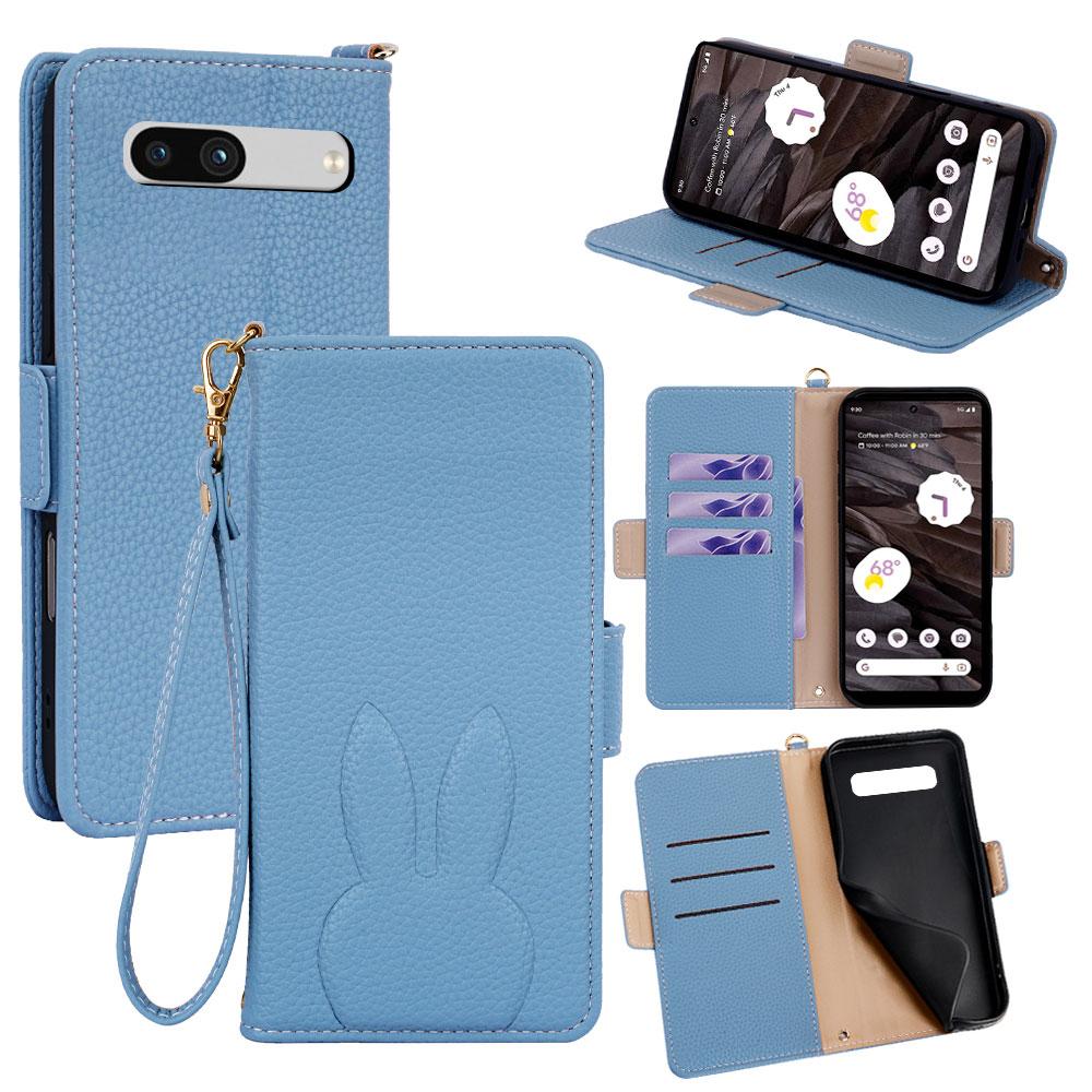 For Google Pixel 7a Bunny Ears Side Magnetic Clasp Vegan Leather Phone Case with Wrist Strap - Blue - EDA010209903A