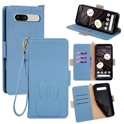 For Google Pixel 7a Bunny Ears Side Magnetic Clasp Vegan Leather Phone Case with Wrist Strap - Blue - EDA010209903A
