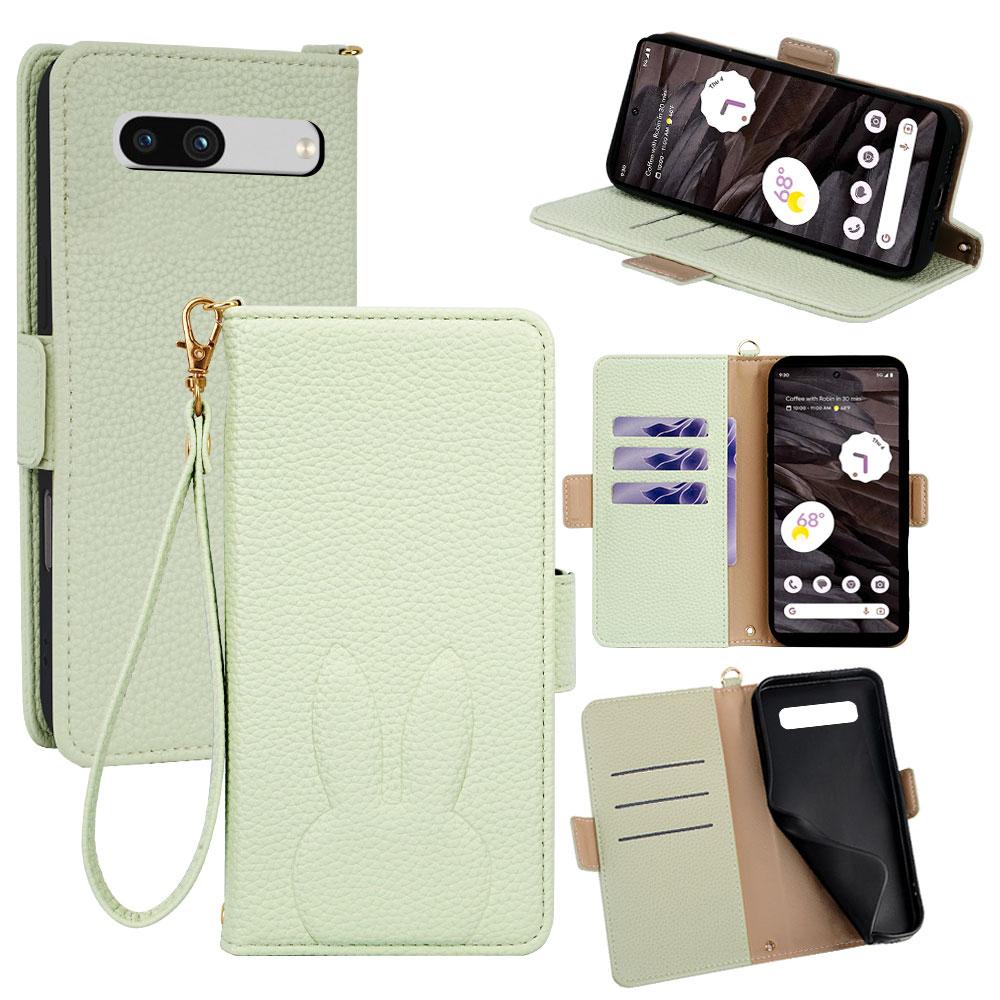 For Google Pixel 7a Bunny Ears Side Magnetic Clasp Vegan Leather Phone Case with Wrist Strap - Green - EDA010209903B