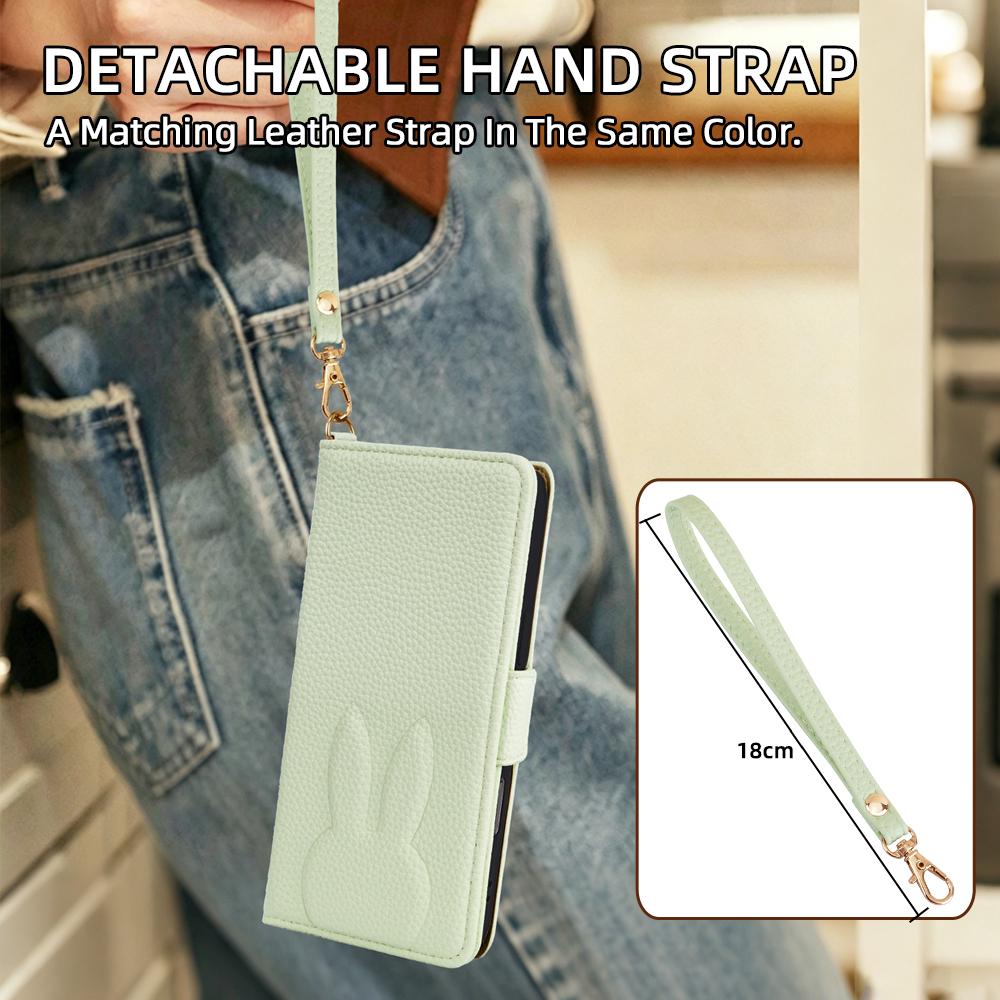 For Google Pixel 7a Bunny Ears Side Magnetic Clasp Vegan Leather Phone Case with Wrist Strap - Green - EDA010209903B