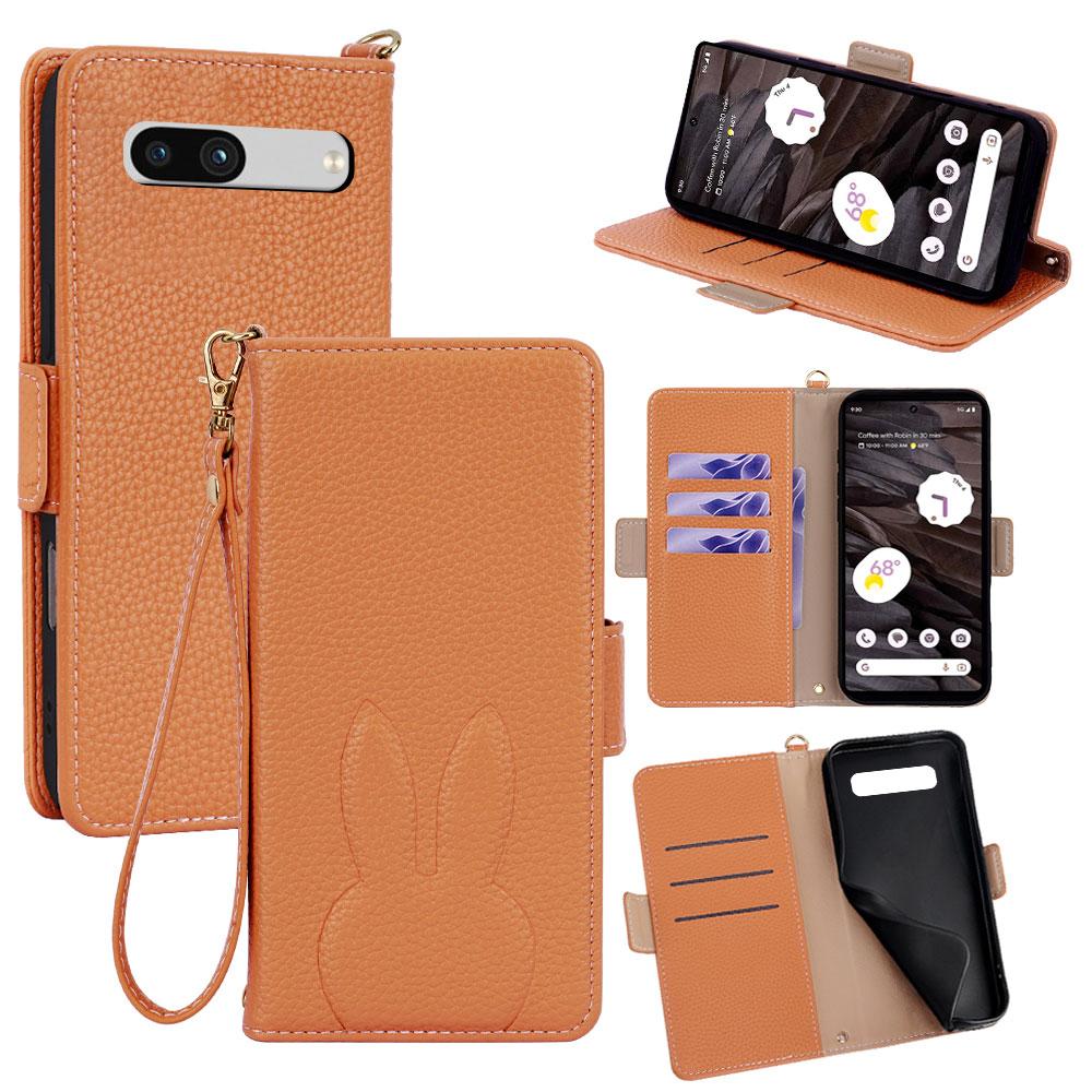 For Google Pixel 7a Bunny Ears Side Magnetic Clasp Vegan Leather Phone Case with Wrist Strap - Brown - EDA010209903C