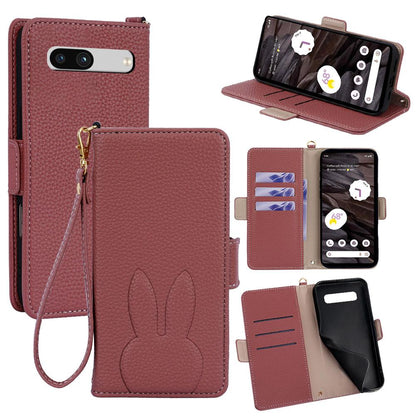 For Google Pixel 7a Bunny Ears Side Magnetic Clasp Vegan Leather Phone Case with Wrist Strap - Red - EDA010209903D
