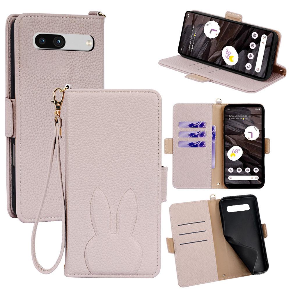 For Google Pixel 7a Bunny Ears Side Magnetic Clasp Vegan Leather Phone Case with Wrist Strap - Light Pink - EDA010209903E