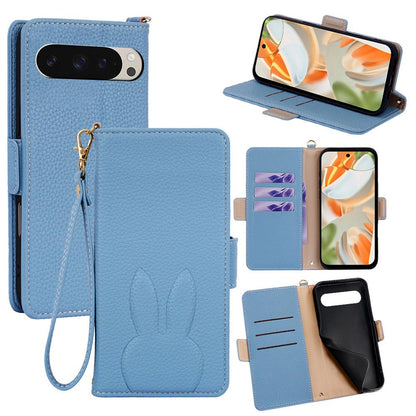 For Google Pixel 9 Bunny Ears Side Magnetic Clasp Vegan Leather Phone Case with Wrist Strap - Blue - EDA010209906A