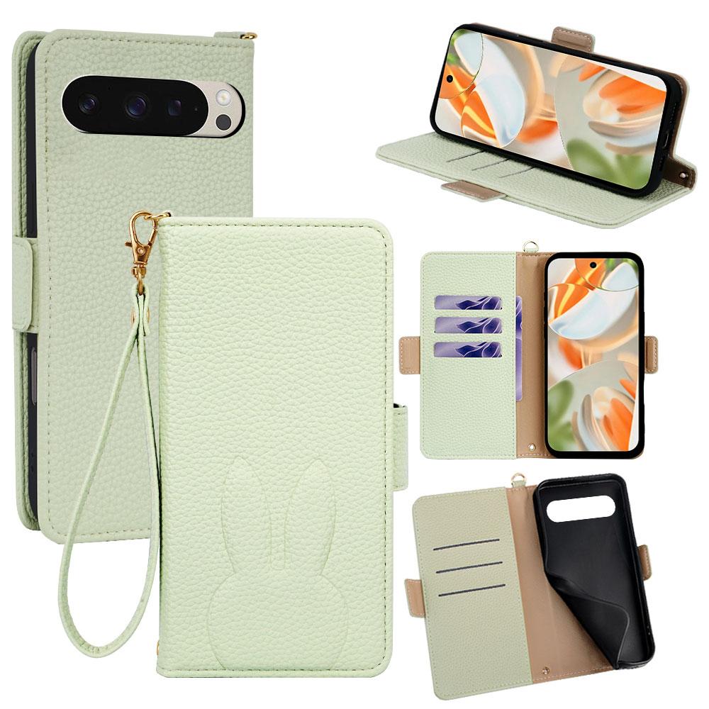 For Google Pixel 9 Bunny Ears Side Magnetic Clasp Vegan Leather Phone Case with Wrist Strap - Green - EDA010209906B