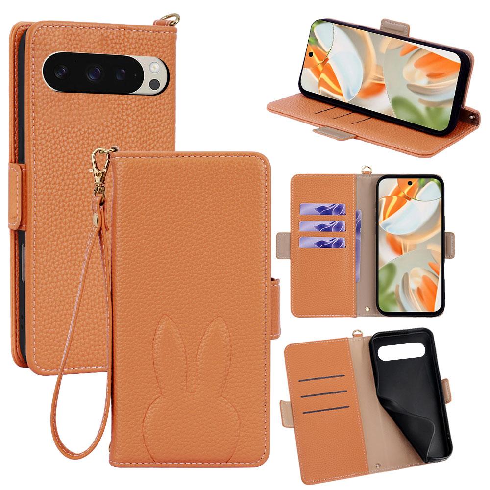 For Google Pixel 9 Bunny Ears Side Magnetic Clasp Vegan Leather Phone Case with Wrist Strap - Brown - EDA010209906C
