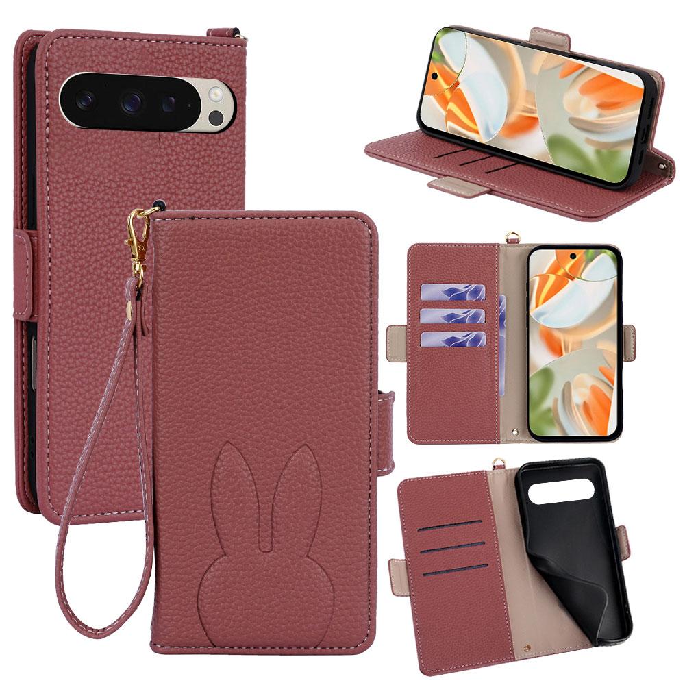 For Google Pixel 9 Bunny Ears Side Magnetic Clasp Vegan Leather Phone Case with Wrist Strap - Red - EDA010209906D