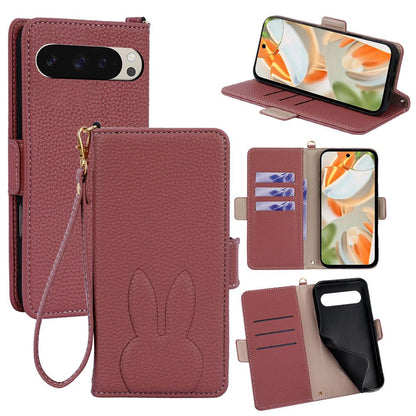For Google Pixel 9 Bunny Ears Side Magnetic Clasp Vegan Leather Phone Case with Wrist Strap - Red - EDA010209906D