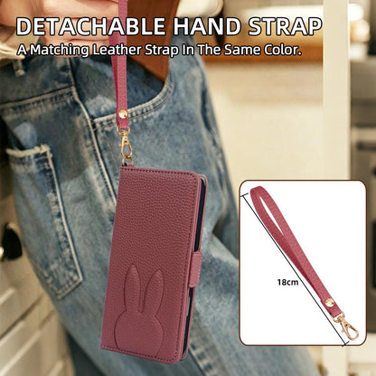 For Google Pixel 9 Bunny Ears Side Magnetic Clasp Vegan Leather Phone Case with Wrist Strap - Red - EDA010209906D