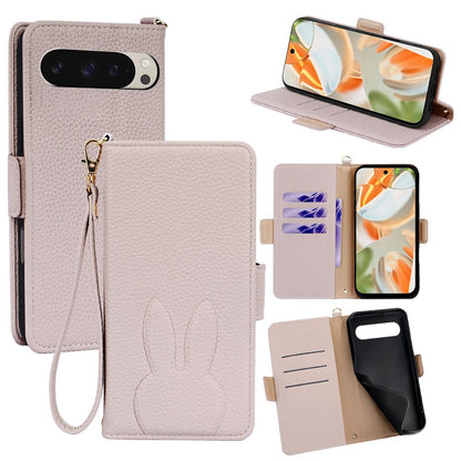 For Google Pixel 9 Bunny Ears Side Magnetic Clasp Vegan Leather Phone Case with Wrist Strap - Light Pink - EDA010209906E