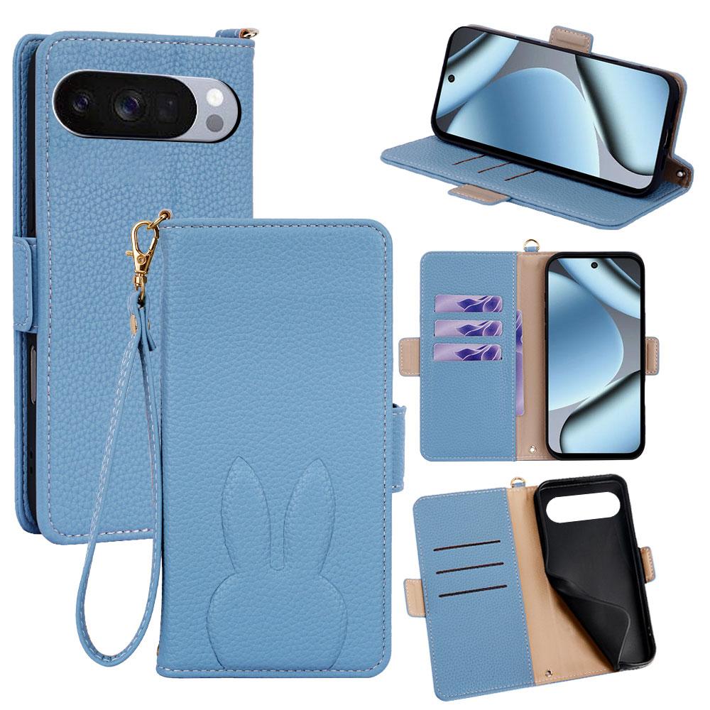 For Google Pixel 10 Pro XL Bunny Ears Side Magnetic Clasp Vegan Leather Phone Case with Wrist Strap - Blue - EDA010209913A