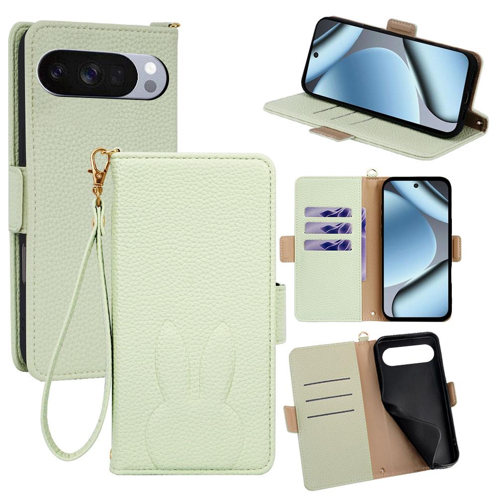 For Google Pixel 10 Pro XL Bunny Ears Side Magnetic Clasp Vegan Leather Phone Case with Wrist Strap - Green - EDA010209913B