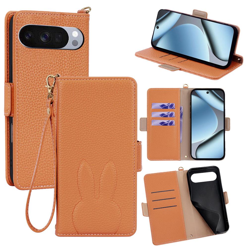 For Google Pixel 10 Pro XL Bunny Ears Side Magnetic Clasp Vegan Leather Phone Case with Wrist Strap - Brown - EDA010209913C