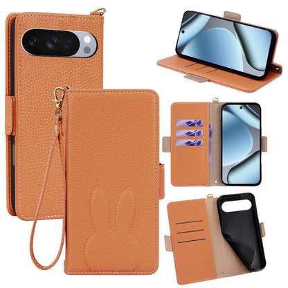 For Google Pixel 10 Pro XL Bunny Ears Side Magnetic Clasp Vegan Leather Phone Case with Wrist Strap - Brown - EDA010209913C