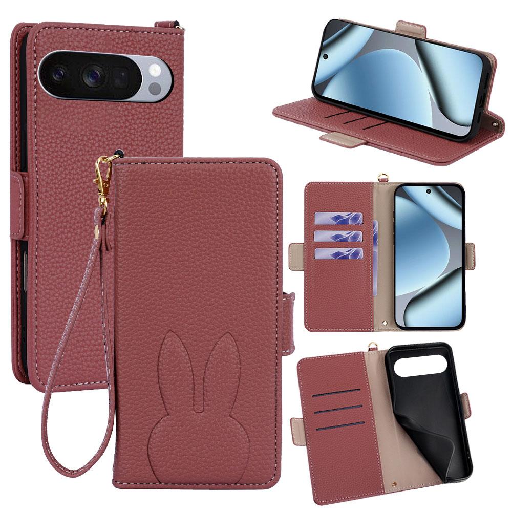 For Google Pixel 10 Pro XL Bunny Ears Side Magnetic Clasp Vegan Leather Phone Case with Wrist Strap - Red - EDA010209913D
