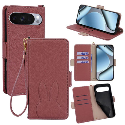 For Google Pixel 10 Pro XL Bunny Ears Side Magnetic Clasp Vegan Leather Phone Case with Wrist Strap - Red - EDA010209913D