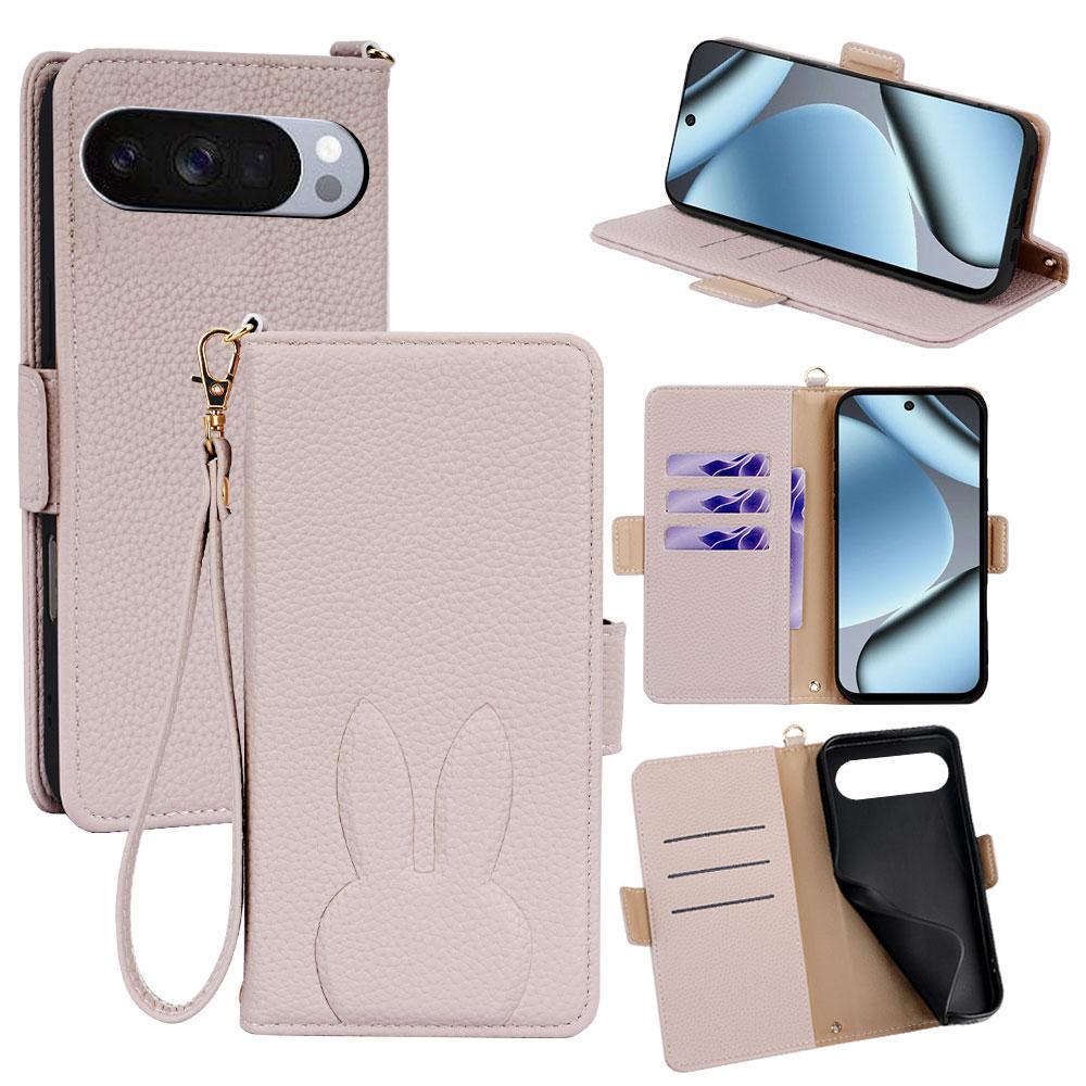 For Google Pixel 10 Pro XL Bunny Ears Side Magnetic Clasp Vegan Leather Phone Case with Wrist Strap - Light Pink - EDA010209913E