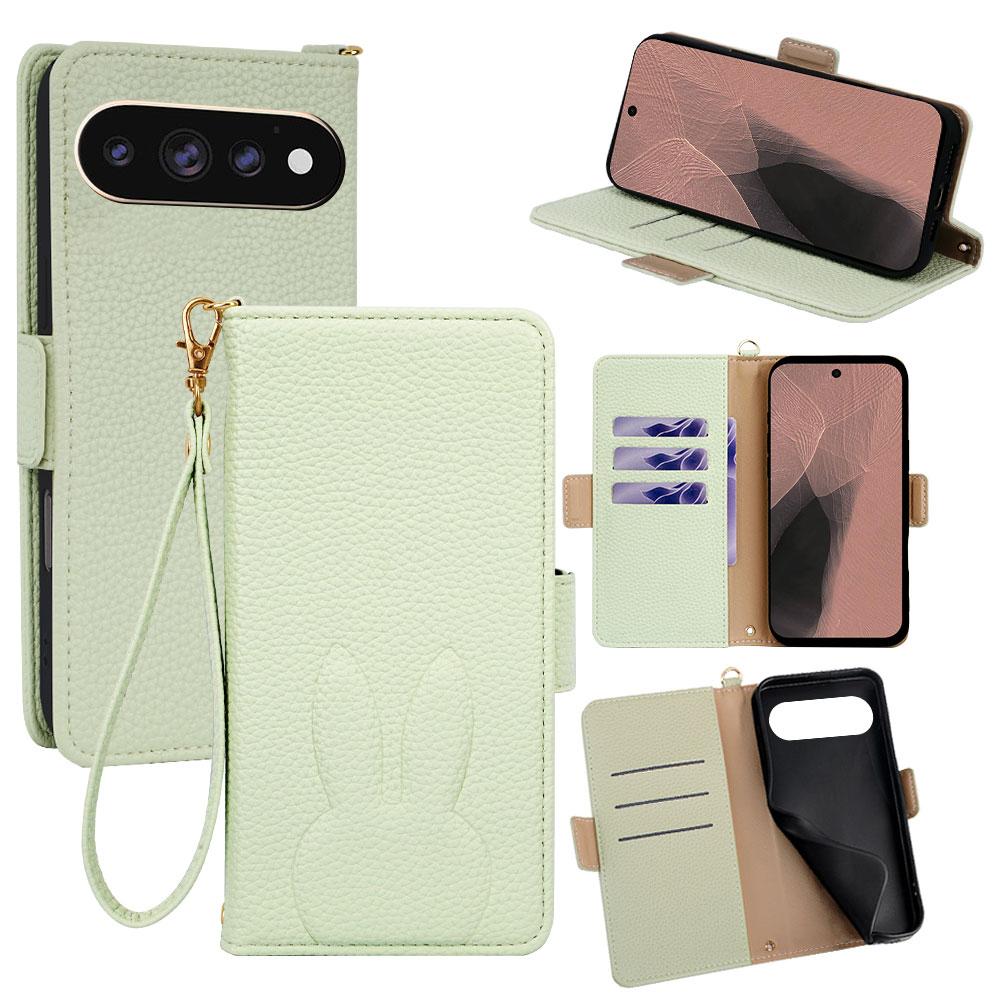 For Google Pixel 11 Pro XL Bunny Ears Side Magnetic Clasp Vegan Leather Phone Case with Wrist Strap - Green - EDA010209914B