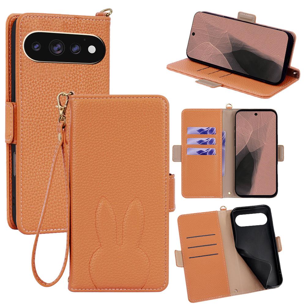 For Google Pixel 11 Pro XL Bunny Ears Side Magnetic Clasp Vegan Leather Phone Case with Wrist Strap - Brown - EDA010209914C