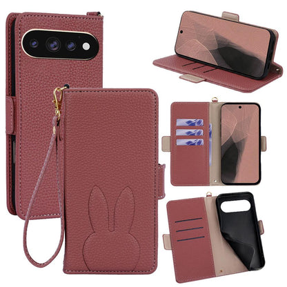 For Google Pixel 11 Pro XL Bunny Ears Side Magnetic Clasp Vegan Leather Phone Case with Wrist Strap - Red - EDA010209914D
