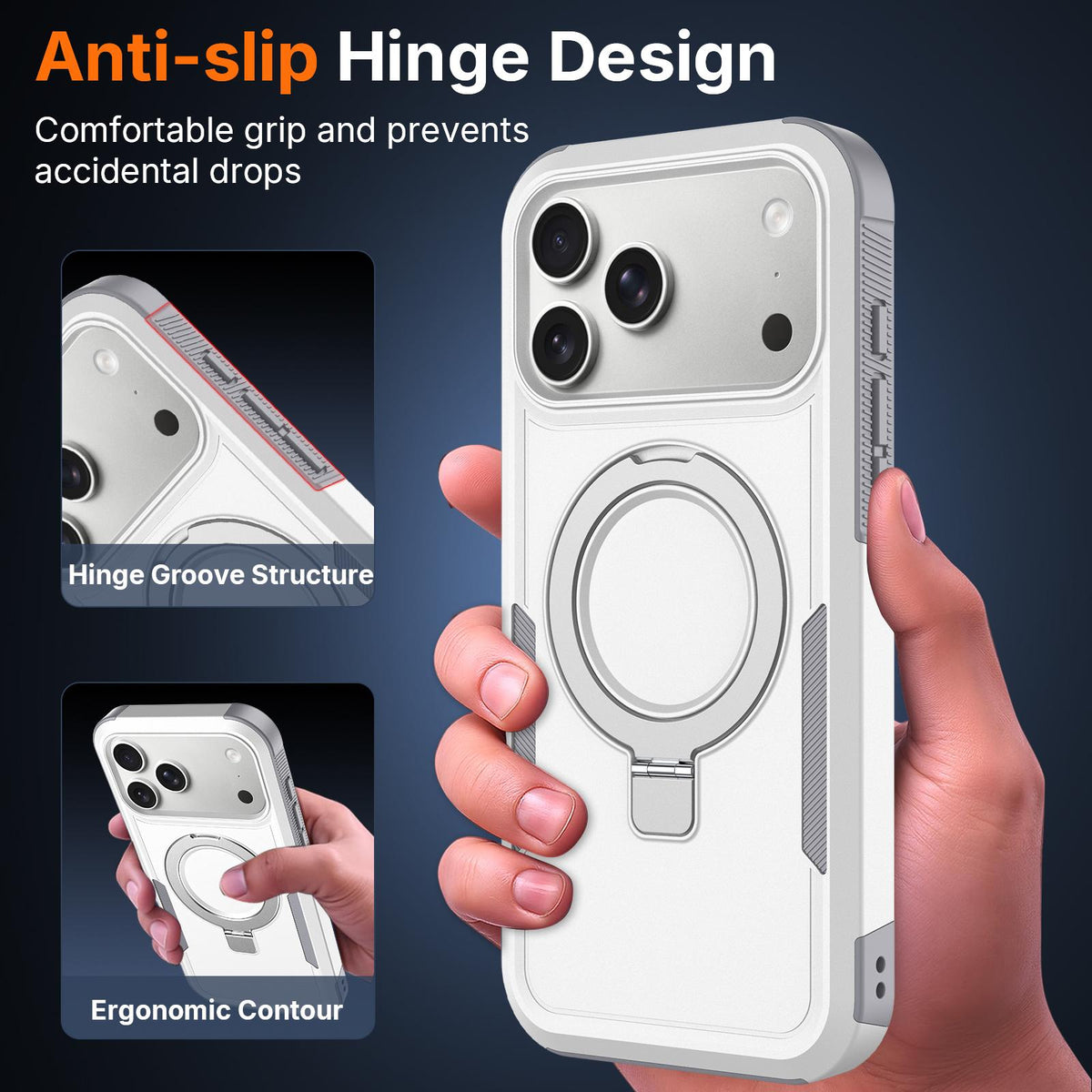 For iPhone 18 Pro Shockproof Protective TPU Hybrid PC Ring Holder Magnetic Phone Case - White - EDA010210801B