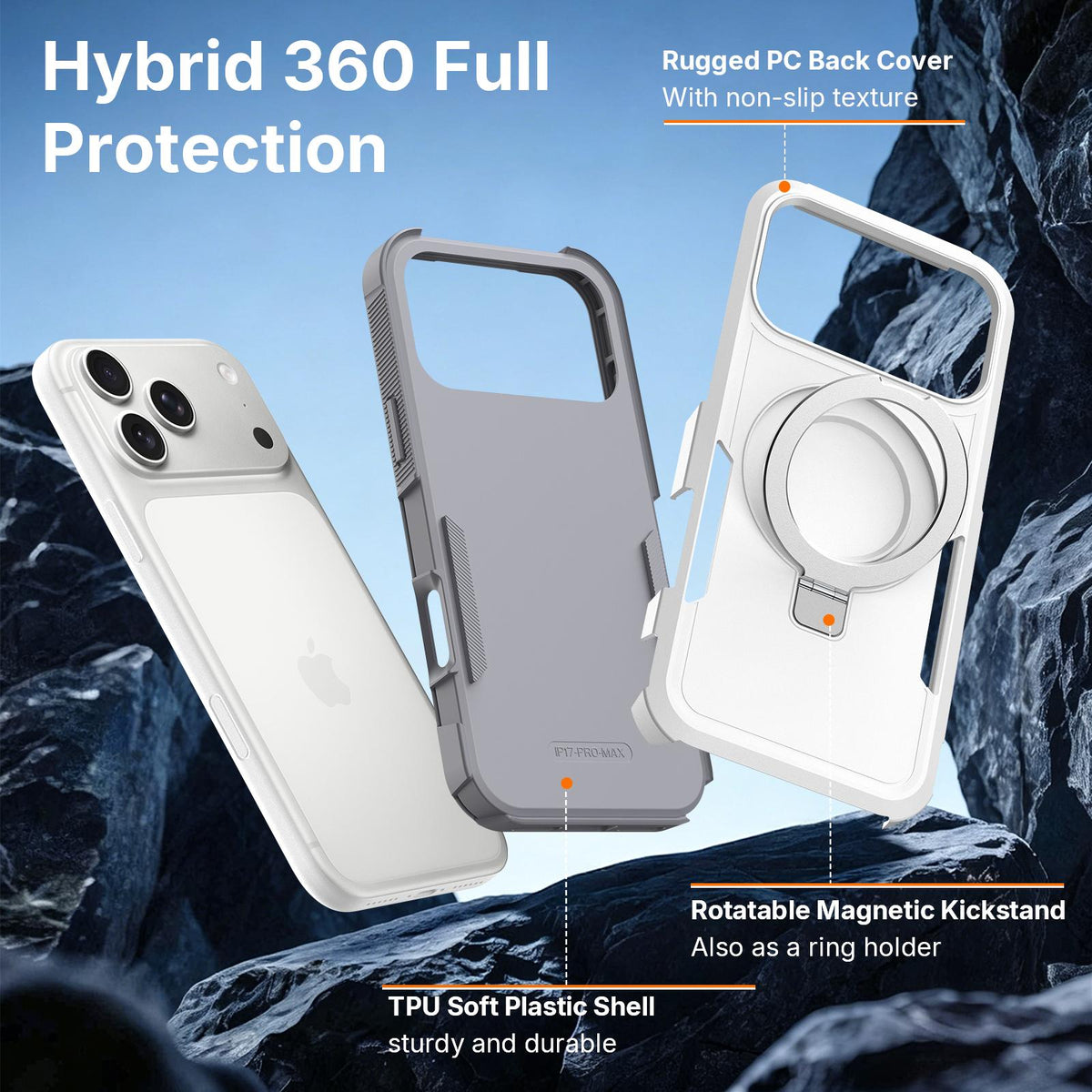For iPhone 18 Pro Shockproof Protective TPU Hybrid PC Ring Holder Magnetic Phone Case - White - EDA010210801B